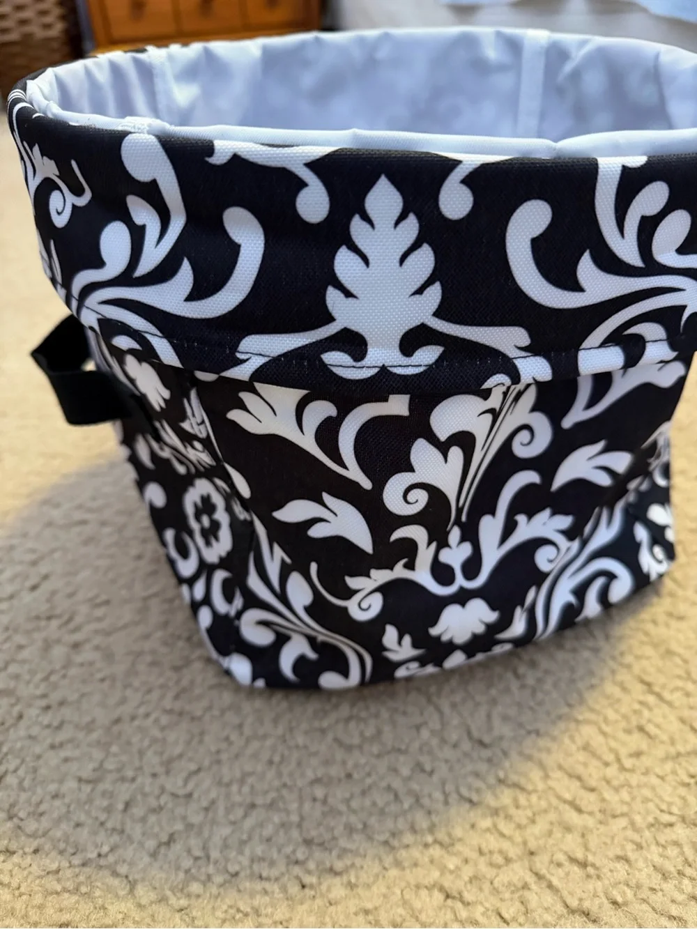 Thirty-One Utility Bin Organizer Parisian Pop Black White Damask Storage Basket